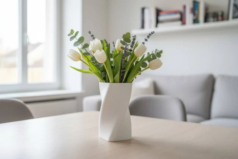 Eine weisse moderne gedrehte Vase aus dem 3D-Drucker (wie in grafik_13.png abgebildet), die stilvoll mit frischen Frühlingsblumen auf einem Holztisch dekoriert ist.