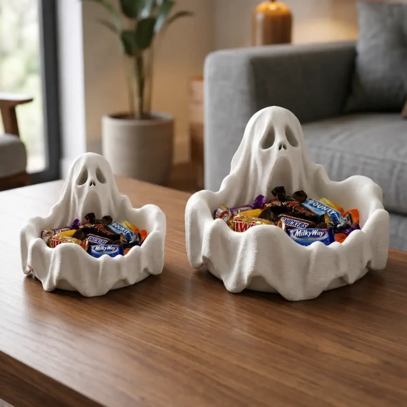 Grosse und kleine Ghost Bowl als Halloween-Deko für verpackte Süssigkeiten