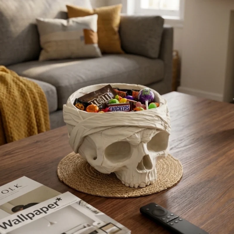 Weisse Totenkopf-Schale im Mumien-Look als Halloween-Deko