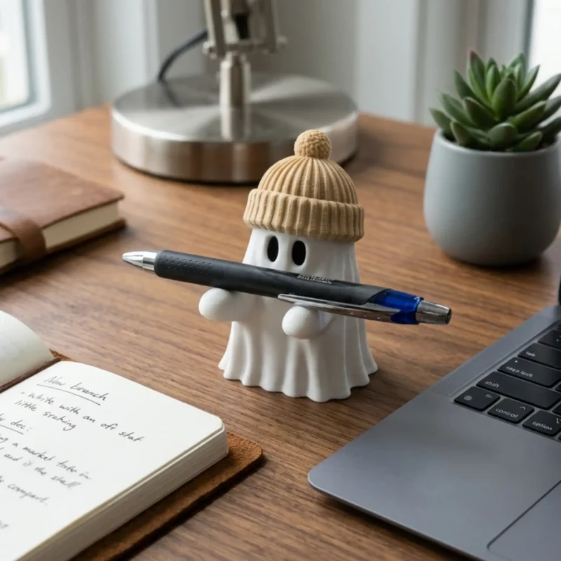 Beanie Ghost Stiftehalter in Matte Cotton White mit beiger Mütze