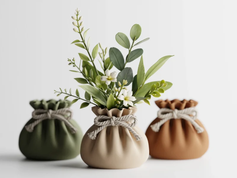 Drei erdige Design Vasen in Stoffoptik aus dem 3D-Drucker, wunderschön dekoriert mit grünen Zweigen und weissen Blüten auf einem hellen Tisch.