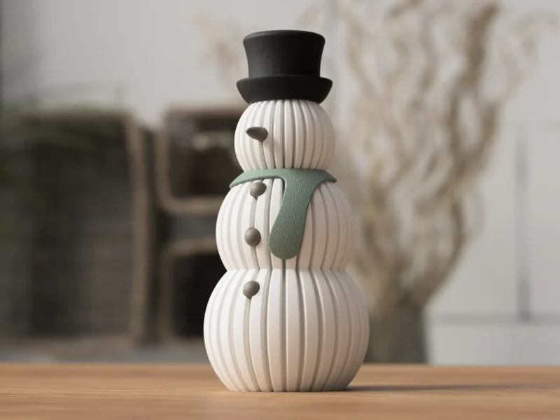 Weisser Schneemann mit schwarzem Hut und grünem Schal als Winterdeko